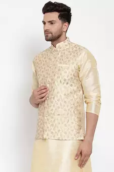 Men Beige Silk Embroidered Nehrujacket