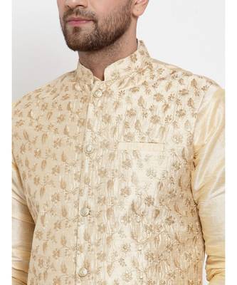 Men Beige Silk Embroidered Nehrujacket 4