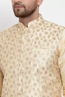Men Beige Silk Embroidered Nehrujacket