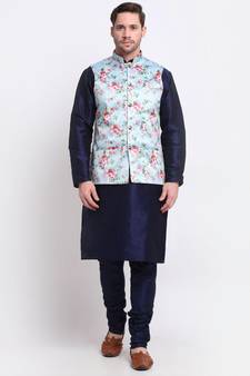 Men Sky Blue Satin Floral Jacket