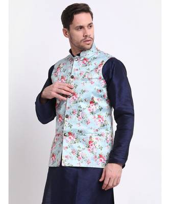 Men Sky Blue Satin Floral Jacket 2