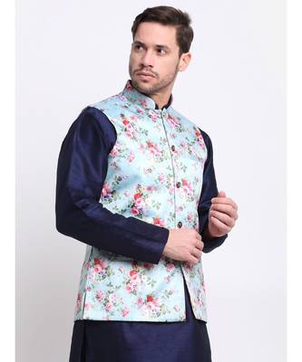 Men Sky Blue Satin Floral Jacket 3
