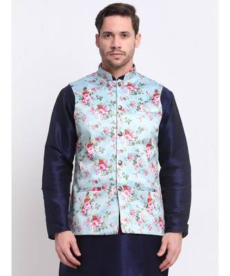 Men Sky Blue Satin Floral Jacket 4