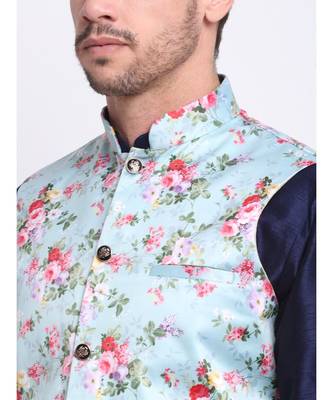 Men Sky Blue Satin Floral Jacket 5
