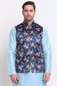 Men Blue Satin Floral Jacket