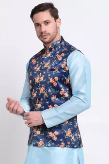 Men Blue Satin Floral Jacket