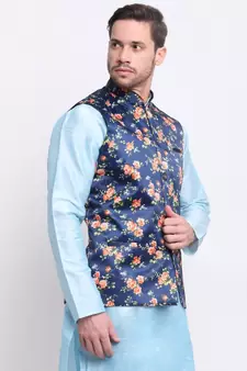 Men Blue Satin Floral Jacket