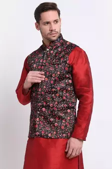 Men Black Satin Floral Jacket