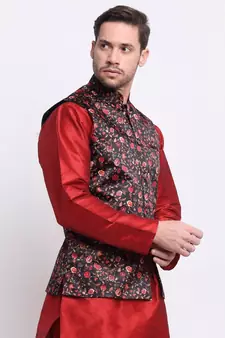 Men Black Satin Floral Jacket
