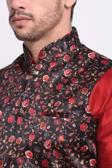 Men Black Satin Floral Jacket