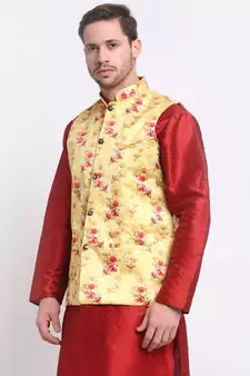 Men Yellow Satin Floral Jacket