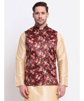 Men Maroon Satin Floral Jacket 1