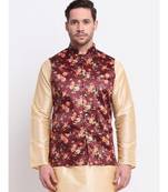 Men Maroon Satin Floral Jacket