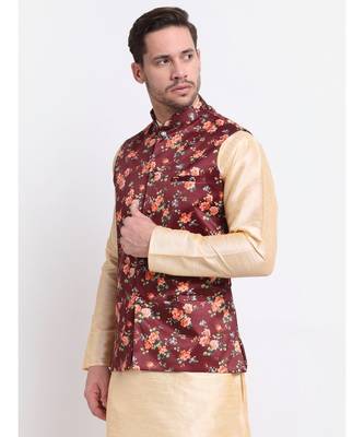 Men Maroon Satin Floral Jacket 4