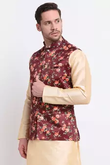 Men Maroon Satin Floral Jacket