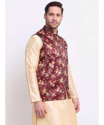 Men Maroon Satin Floral Jacket 5