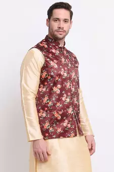 Men Maroon Satin Floral Jacket