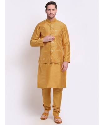 Men Gold Silk Mirror Work Jacket 1