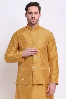 Men Gold Silk Mirror Work Jacket