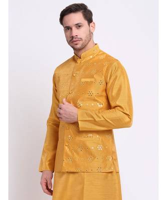 Men Gold Silk Mirror Work Jacket 3
