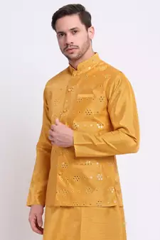Men Gold Silk Mirror Work Jacket
