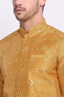 Men Gold Silk Mirror Work Jacket