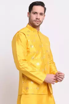 Men Yellow Silk Mirror Work Jacket