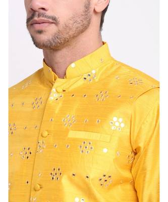Men Yellow Silk Mirror Work Jacket 3
