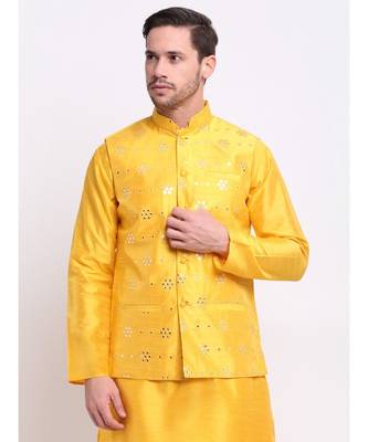 Men Yellow Silk Mirror Work Jacket 5