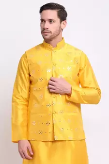 Men Yellow Silk Mirror Work Jacket