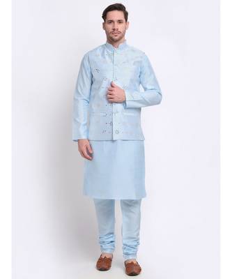 Men Sky Blue Silk Mirror Work Jacket 1