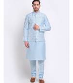 Men Sky Blue Silk Mirror Work Jacket