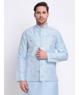 Men Sky Blue Silk Mirror Work Jacket 2