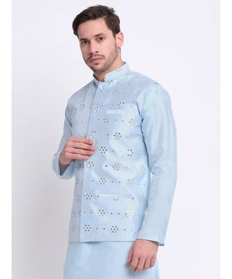 Men Sky Blue Silk Mirror Work Jacket 3