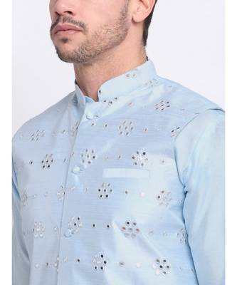 Men Sky Blue Silk Mirror Work Jacket 4
