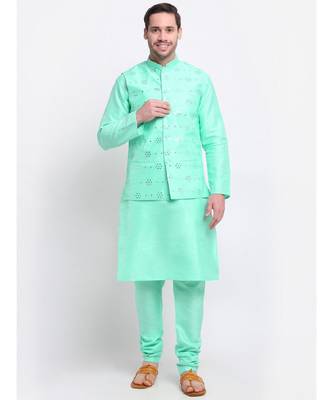 Men Green Silk Mirror Work Jacket 1