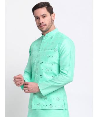 Men Green Silk Mirror Work Jacket 2