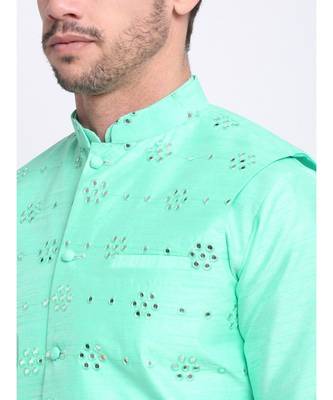 Men Green Silk Mirror Work Jacket 3