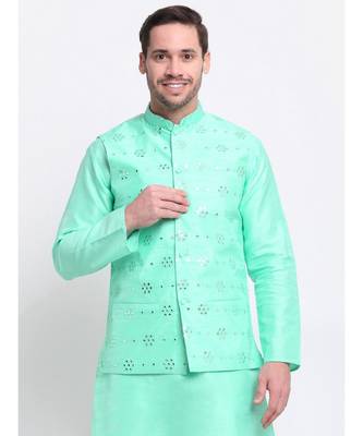 Men Green Silk Mirror Work Jacket 5