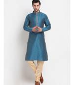 Men Blue Silk Woven Design Solid Straight Kurta