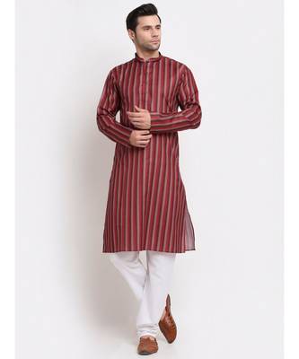 Men Red Cotton Stripped Straight Kurta 1