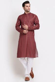Men Red Cotton Stripped Straight Kurta