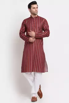 Men Red Cotton Stripped Straight Kurta