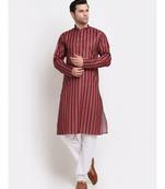 Men Red Cotton Stripped Straight Kurta