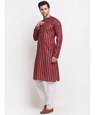 Men Red Cotton Stripped Straight Kurta 2