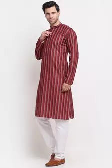 Men Red Cotton Stripped Straight Kurta