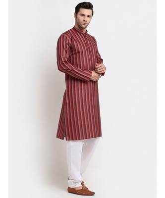 Men Red Cotton Stripped Straight Kurta 3