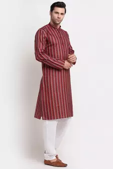 Men Red Cotton Stripped Straight Kurta