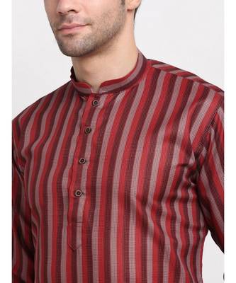 Men Red Cotton Stripped Straight Kurta 4