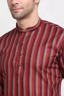 Men Red Cotton Stripped Straight Kurta